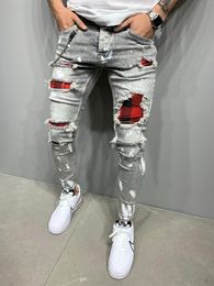 mens grid slimfit ripped pants mens painted jeans patch beggar pants jogging size