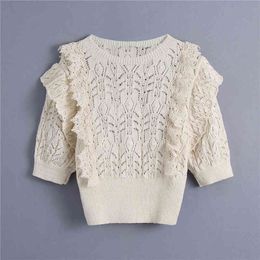 Women Fashion With Ruffle Trims Cropped Knitted Sweater Vintage O Neck Short Sleeve Female Pullover Chic Tops 210430
