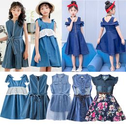 New Girl Clothes Cowboy Jean Denim Bow Floral Dress Summer Clothing Casual Party Shirt Dress Clothes Children Fashion Outfit Q0716
