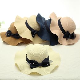 Summer Women Bowknot Straw Hat Fashion Ruffled Beach Sunscreen Cap Vacation Outdoor Travel Caps Solid Colour Casual Wide Brim Hats