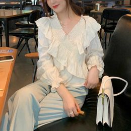 Korean Chiffon Blouse Sweet Ruffles Solid Colour V-neck Long-Sleeved Shirts Fashion Clothing Autumn 210604