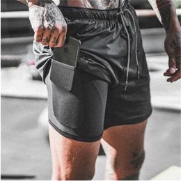 Double layer Jogger Shorts Men 2 in 1 Short Pants Gyms Fitness Built-in pocket Quick Dry Beach Wear Male Sweatpants