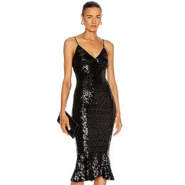 Women Black Sequin Spaghetti Strap Summer Dress Sexy V Neck Sleeveless Mermaid Midi Celebrity Party Lady Sundress 210423