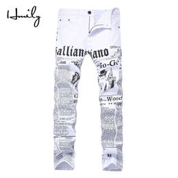 HMILY HIGHT STREET FASHILE MENS JEANS Night Club White Color Designer Stampato Jeans Men Punk Pants Skinny Hip Hop Jeans X0621