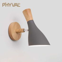 PHYVAL Nordic Wall Lamp Creative Macaron Solid Wood Wall Light for Bedroom Bedside Living Room E27 LED Modren Wall Sconce Lamps 210724
