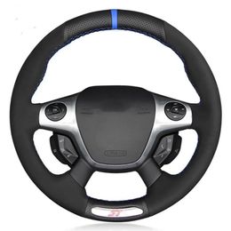 Car Steering Wheel Cover Hand-stitched Soft Black Genuine Leather Suede For Ford Focus 3 ST 2012 2013 2014189J