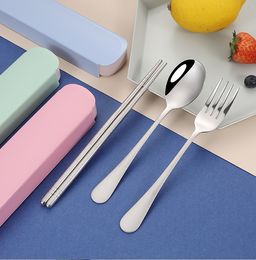 Portable Students Tableware Sets Kitchen Accessories 304 Stainless Steel Chopsticks Fork Spoon Dinnerware Set Travel Cutlery Set