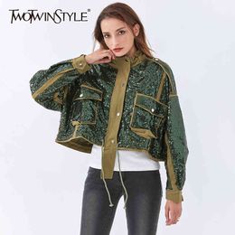 Patchwork Sequined Jacket For Owmen Turtleneck Long Sleeve Casual Lace Up Jackets Female Fall Fashion 210524