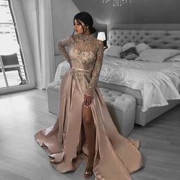 High Neck Champagne Formal Evening Dresses Illusion Full Sleeves Long Lace Arabic Dubai Special Occasion Gowns Prom Dress 2022 A-Line Slit Satin Vestidos Formales
