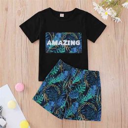 Summer Children Sets Casual Long Sleeve O Neck Letter T-shirt Print Leaves Shorts 2Pcs Girl Boys Clothes 1-8T 210629