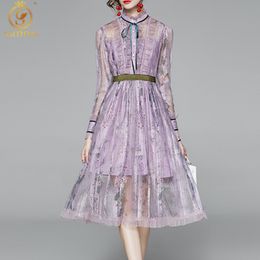 Fashion Runway Spring Vintage Party Dress Robe Women Long Sleeve Ruffle Mesh Print High Waist Vestidos 210520