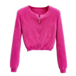 Women Pull Pink Sweaters Autumn Winter Zipper Casual Cardigan Top Ladies Long Sleeve Sexy Crop Sweater Short Mujer 210525