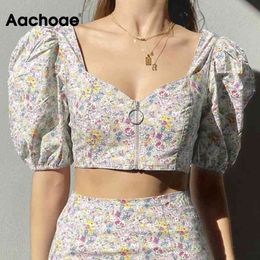 Women Chic V Neck Cropped Blouses Floral Print Puff Short Sleeve Crop Tops Female Zipper Vintage Tunic Blouse 210413