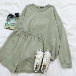 Womens Tracksuits 2 Piece Set Summmer Autumn Oversize Sweatshirt + Sporting Shorts Sweat Two Outfit Solid Colour s 211106