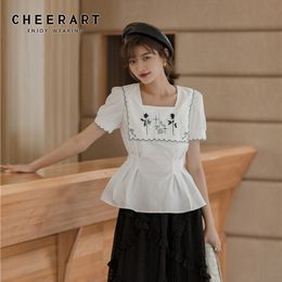 Square Neck Floral Rose Embroidery Blouse Women Summer Top White Puff Sleeve Ladies Korean Tunic Short 210427