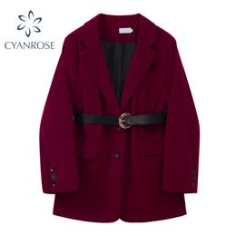 Chic High Waist Belt Slim Red Women's Blazer Vintage Party Elegant V Neck Korean Coat Jacket Ladies OL Stylish Loose Outwear Top 210417