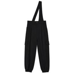 [EAM] High Elastic Waist Black Long Casual Strap Trousers New Loose Fit Pants Women Fashion Tide Spring Summer 2021 1DE0488 Q0801