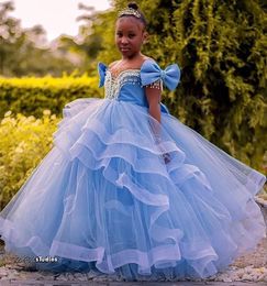 Luxury Lovely Ball Gown Flower Girl Dresses For Weddings Crystals Beaded Tulle First Communion Tiered Pageant Dress Birthday Party Gowns Custom Made