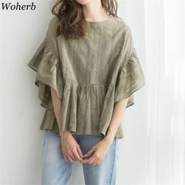 Japanese Casual Women Blouse Shirts Lantern Sleeve Summer Loose Ruffles Fashion Korean Style Tops Blusas 210519