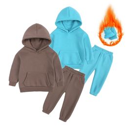 Teen Boys Clothing Winter Kids girls Sets Solid Color Plus fleece Warm Casual Children's Sweatershirt Sport 211224