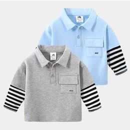 Spring Autumn 2 3 4 5 6 8 10Years Children Cotton Turn-Down Collar White Black Striped Patchwork T-shirt For Baby Kids Boys 210625