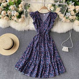 Summer Elegant Beach V-neck mid-length ruffles sleeve floral chiffon dress Womens retro Slim high waist print A-line dress 210514