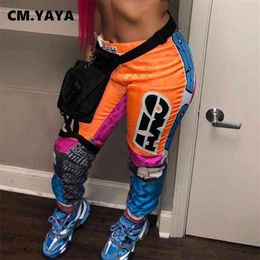 CM.YAYA Women Mid Waist Elastic Letter Print Pencil Pants for streetwear fashion Trousers Sporty Active Jogger Sweatpents 210925