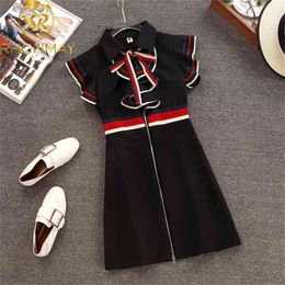 New Summer Runway Designer Women Retro Butterfly Sleeveless Bow Tie Collar Ruffles Weave Striped Zipper Up Mini Dress 210331