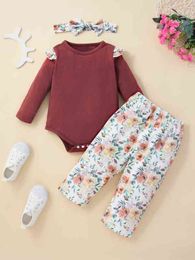 Baby Ruffle Trim Bodysuit & Floral Print Pants With Headband SHE