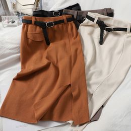 Women Design Split Knitted Skirt Autumn Korean Solid Slim Pencil Skirt Fashion High Waist Bodycon Streetwear Skirt 210419