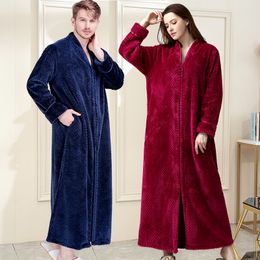 Flannel Couple Robes Kimono Hombre Warm Thick Zipper Long Sleepwear Men Bathrobe V-neck Home Clothing Casual Oversized Velvet 210524
