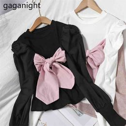 Korean Spring Tshirt Patchwork O-Neck Puff Sleeve Bow Blet Tops For Women Silm T-shirts Ladies Pullovers 210601
