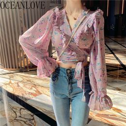 Spring Short Women Tops and Blouses Print Floral V Neck Sexy Ropa Mujer Chiffon Bandage Bow Ins Blusas 14859 210415