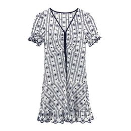 PERHAPS U V Neck Short Sleeve Puff Sleeve Mini Dress Summer Women A-line Ruffle Lace-up White Navy Floral Print D1992 210529