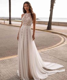 hand size chart UK - Bohemian Lace 2021 Wedding Dress Bridal Gown Boho Maxi A Line Beaded Jewel Neck V Simple Bride Dress Vestido De Noiva Brautkleid