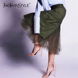 Tulle Patchwork Skirts For Women Autumn Split High Waist Packet Hip Skirt Female Midi Long Casual Clothing Fashion 210521