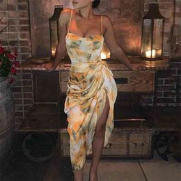 Summer Women Elegant Sexy Party Dresses Holiday Spaghelti Strap Midi Floral Print High Slit Female Club Night Vestidos 210517