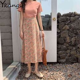 Vintage Floral Print Pleated Long Skirts Korean summer Chiffon Women Harajuku Streetwear Elastic High Waist 210421