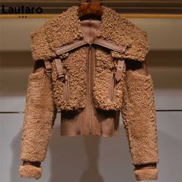 Lautaro Winter Warm Thick Patchwork Faux Fur Coat Women Long Sleeve zipper Turndown Collar Stylish Fluffy Jacket Fashion 211110