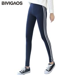 BIVIGAOS Womens Casual Leggings Side White Stripe Elastic Cotton Leggings Pants Women Clothing Fashion Legging for Women 211014