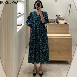 Korejpaa Women Dress Summer Korean Chic Female Western Style Reduced Age V-Neck Pleated Loose Puff Sleeve Floral Vestidos 210526