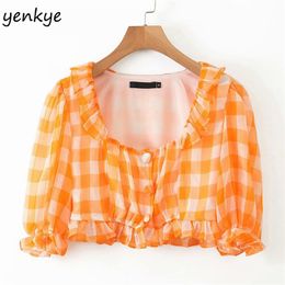 Vintage Orange Plaid Crop Top Women Square Neck Puff Sleeve Sweet Ruffle Chiffon Tops Summer Short Blouse blusas LJPZ9364 210514