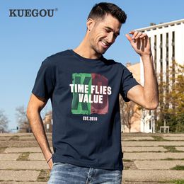 KUEGOU 100% Cotton Clothing Men T-shirt Short Sleeve High Quality Top Summer Tshirt Letter Print Sapphire Plus Size ZT-90050 210524