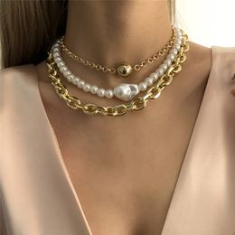 3Pcs/Set Irregular Baroque Pearl Chain Necklace for Women Steampunk Vintage Cuban Curb link Choker Necklace Jewellery Accessories