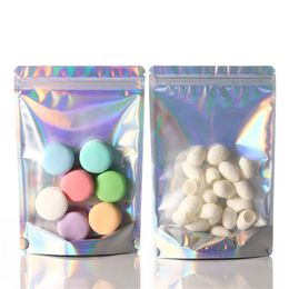 100pcs lot Resealable Stand Up Zipper Bags Aluminum Foil Pouch Plastic Holographic Smell Proof Bag Food Cosmetic Storage Packaging