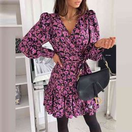Women Ruffles V Neck Lace-Up Printed Mini Dress Spring Autumn Casual Long Sleeve Slim Dress Office Lady Party Vestidos 210416