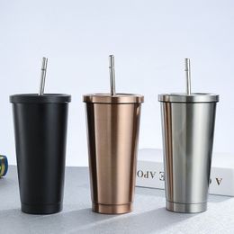 Stainless Steel Double Insulation 600ml Vacuum With Lid Beer Mugs For Tea Metal Cup Drink Straw Travel Cups 210409