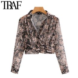 TRAF Women Fashion Metallic Thread Floral Print Cropped Blouses Vintage Long Sleeve Elastic Hem Female Shirts Chic Tops 210415