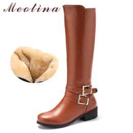 Winter Knee High Boots Women Buckle Chunky Heels Riding Zipper Plush Round Toe Shoes Lady Large Size 33-46 210517