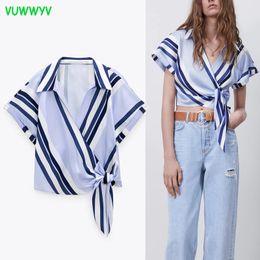 VUWWYV Blue Striped Knot Woman Shirts Summer Casual Short Sleeve Women's Blouses Fashion Streetwear Crop Tops Female 210430